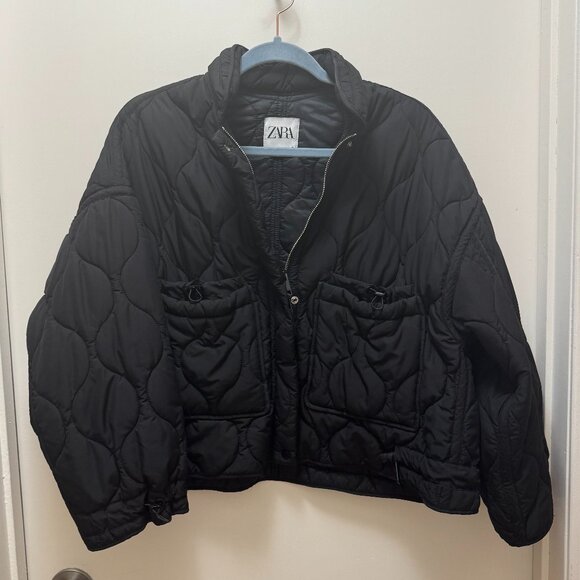 Zara Cropped Oversized Quilted Zip Puffer Sz M / L - Picture 2 of 10